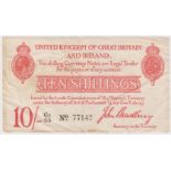 Bradbury 10 Shillings issued 1915, 5 digit serial number C2/35 77142 (T12.3, Pick348a) light stain