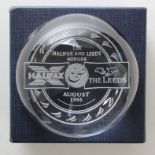 Halifax and Leeds Building Society merger 1995, a nice heavy dome paperweight in padded presentation