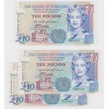 Guernsey 10 Pounds (3) issued 1995, signed D.P. Trestain, a consecutively numbered run serial