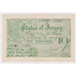 Jersey 10 Shillings issued 1941 - 1942, German Occupation issue during WW2, serial number 17306 (TBB