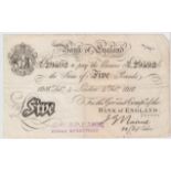 Nairne 5 Pounds dated 4th February 1916, serial 92/D 29592, London issue (B208b, Pick304) bank stamp