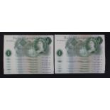 O'Brien 1 Pound (14) issued 1960, 2 consecutively numbered runs of 9 notes and 5 notes, serial 55X