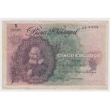 Portugal 5 Escudos dated 10th July 1920, Chapa.2 serial AT06604 (Pick120) pinholes & edge nicks,