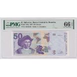 El Salvador 50 Colones dated 18th April 1997, serial No. 4558432 (Pick150a) in PMG holder graded