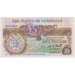 Guernsey 5 Pounds issued 1980 - 1989, signed W.C. Bull, FIRST PREFIX VERY LOW No. serial A000101, (