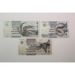 Faeroe Islands (3) 500 Kronur dated 2011, serial C0111A 047009A (TBB B220, Pick32), 200 Kronur dated