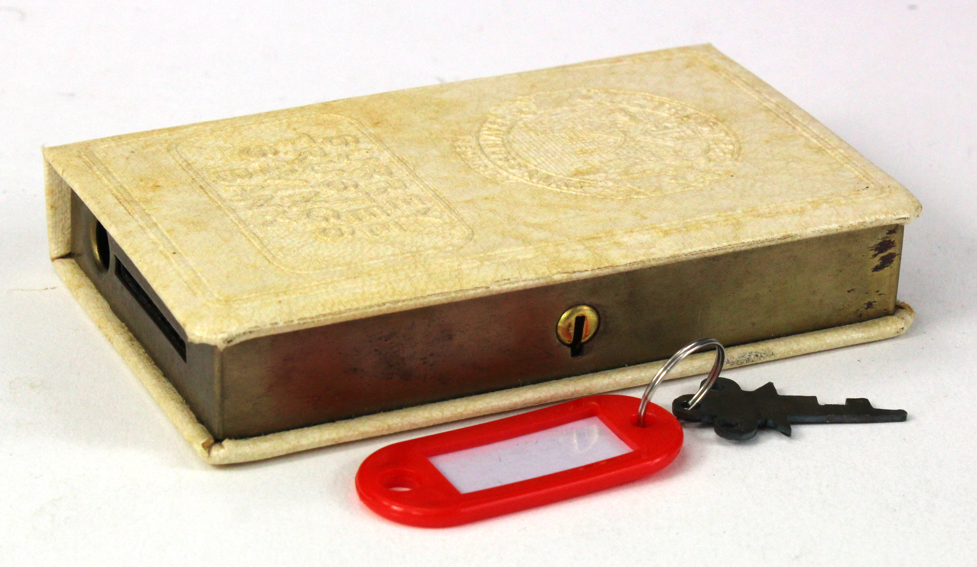 Money box, Surrey Trustee Savings Bank, book design, number 4910, complete with key and original