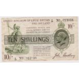 Bradbury 10 Shillings issued 1918, serial A/20 013038, No. with dot (T17, Pick350a) about VF