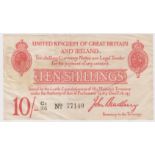 Bradbury 10 Shillings issued 1915, 5 digit serial number C2/35 77140 (T12.3, Pick348a) light stain