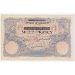 Tunisia 1000 Francs dated 1892 issued 1942, 'Banque de L'Algerie Mille Francs' overprint on France