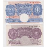 Peppiatt (2) 10 Shillings issued 1940, mauve WW2 emergency issue, serial E57D 590140 (B251, Pick366)