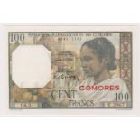 Comores 100 Francs issued 1960 - 1963, red horizontal 'COMORES' overprint, serial Y.2967 163 (TBB