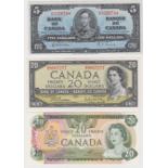 Canada (3), 20 Dollars dated 1954 signed Beattie & Rasminsky EF+, 5 Dollars dated 1937 signed Gordon