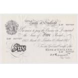 Peppiatt 5 Pounds dated 17th March 1947, serial L67 057727, London issue on thin paper, a