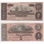 Confederate States of America (2) 20 Dollars dated 17th February 1864, series 1 No. 26785 plate D (