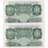 O'Brien 1 Pound (2) issued 1955, a consecutively numbered pair, serial B73K 411756 & B73K 411757 (