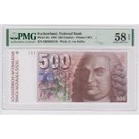 Switzerland 500 Franken dated 1992, portrait Albrecht von Haller at right, serial number