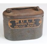 Money box, Hull Savings Bank, heavy Iron money box/home safe number 8329, without key, base is