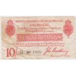 Bradbury 10 Shillings issued 1915, 5 digit serial number C2/35 77137, a consecutively numbered