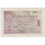 Jersey 1 Pound issued 1941 - 1942, German Occupation issue during WW2, serial number 6294 (TBB B106,