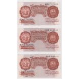 O'Brien Britannia 10 Shillings (3) issued 1955, serial C25Z 711560, C50Z 032532, C91Z 860521 (