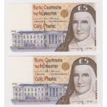 Ireland Republic 5 Pounds (2), dated 15th October 1999, a consecutively numbered pair of REPLACEMENT