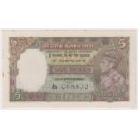 India 5 Rupees issued 1943, signed C.D. Deshmukh, portrait King George VI at right, serial L/85