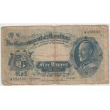 Mauritius 5 Rupees issued 1930, portrait King George V at right, serial A420752 (TBB B312a,