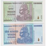 Zimbabwe (2), 100 Trillion Dollars & 50 Trillion Dollars dated 2008, the two highest denominations