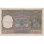 India 100 rupees issued 1937, scarcer MADRAS branch issue, series A/71 261597 (TBB B204a6,