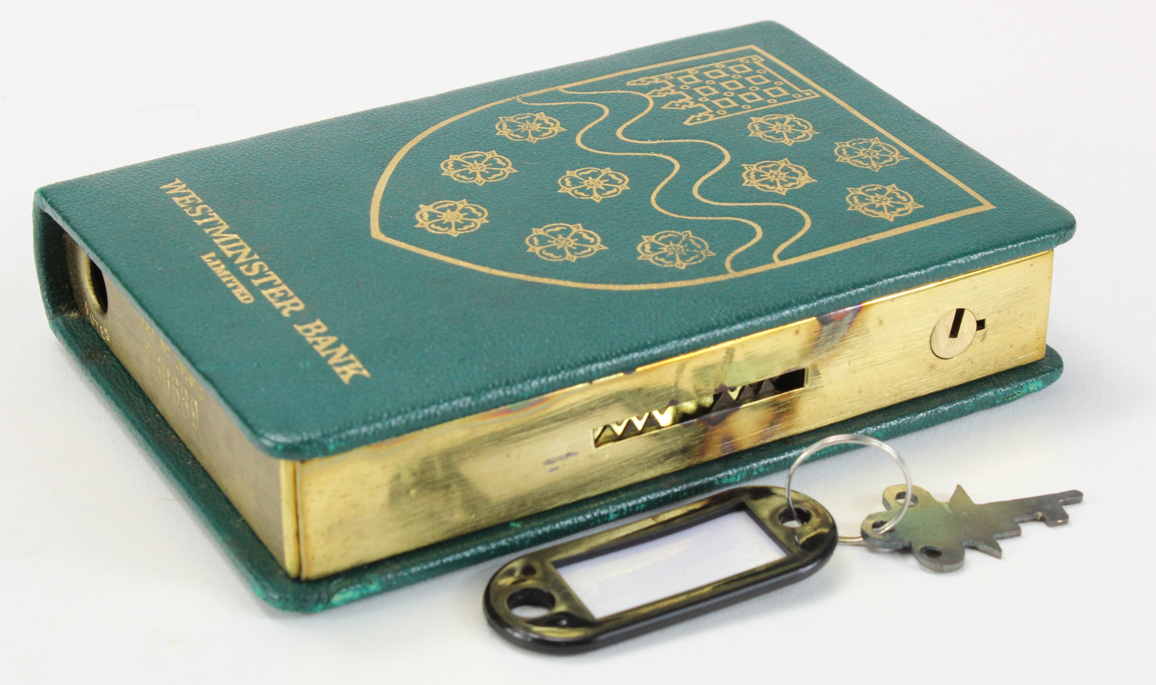 Money box, Westminster Bank Limited, book design, number 168689, complete with key and original box,