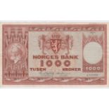 Norway 1000 Kroner dated 1971, signed Wold & Odegaard, serial A. 3718980, large note (Pick35e) VF+