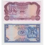 Uganda (2) PROOF notes, 20 Shillings issued 1966, a rare PROOF note without serial number or