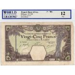 French West Africa 25 Francs dated 9th July 1925, serial P.209 847, (TBB B102De1, Pick7Bb) edge