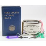 Money box (2), York County Savings Bank small oval metal box with key, number 1531, made in USA,