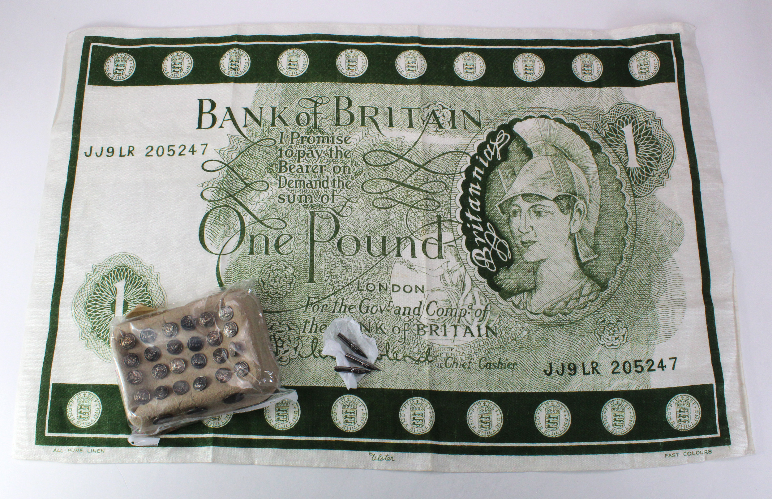 Bank of England collectables, Buttons (27) 3 large and 24 small, Ink pen nibs (3), Bank of Britain