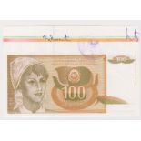 Yugoslavia 100 Dinara dated 1990 without serial number, with extra paper at top showing colour