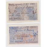Jersey (2) 1 Shilling & 2 Shillings issued 1941 - 1942, German Occupation issue during WW2, serial
