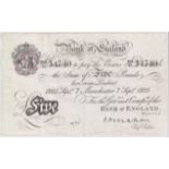 Mahon 5 Pounds dated 7th September 1925, scarce Manchester branch note, serial 264/U 34740 (B215f,