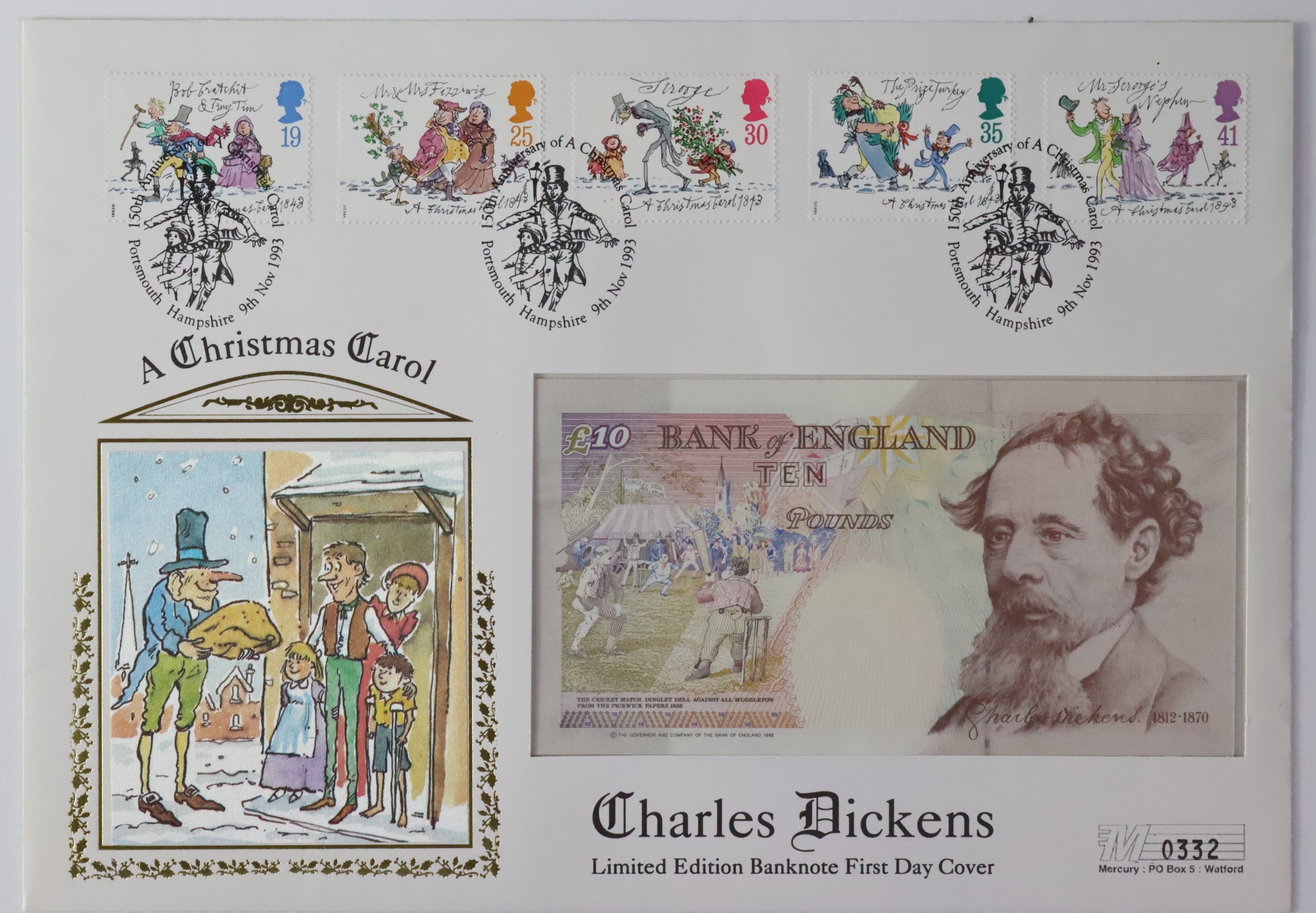 Kentfield First Day Covers (3), 10 Pounds signed Kentfield, Charles Dickens 'A Christmas Carol'