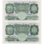 Peppiatt 1 Pound (2) issued 1934, pre war issues without security thread serial 35M 998073 & 47U
