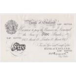 Peppiatt 5 Pounds dated 17th March 1947, serial L67 057725, London issue on thin paper, a