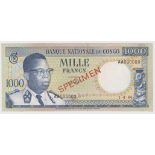 Congo Democratic Republic 1000 Francs dated 1st August 1964, scarce SPECIMEN note, serial