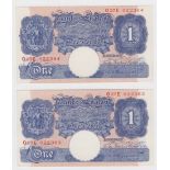 Peppiatt 1 Pound (2) issued 1940, blue WW2 emergency issue, a consecutively numbered pair serial