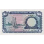 Gambia 5 Pounds issued 1965 - 1970, sailboat at left, serial A060957 (TBB B103a, Pick3a) small light