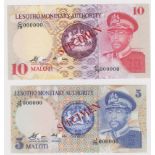 Lesotho Monetary Authority (2) 5 Maloti & 10 Maloti issued 1979, a pair of SPECIMEN notes serial