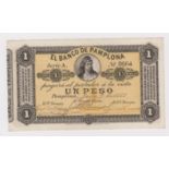 Colombia El Banco de Pamplona 1 Peso dated 9th July 1883, Series A serial no. 0664 (PickS711a) small