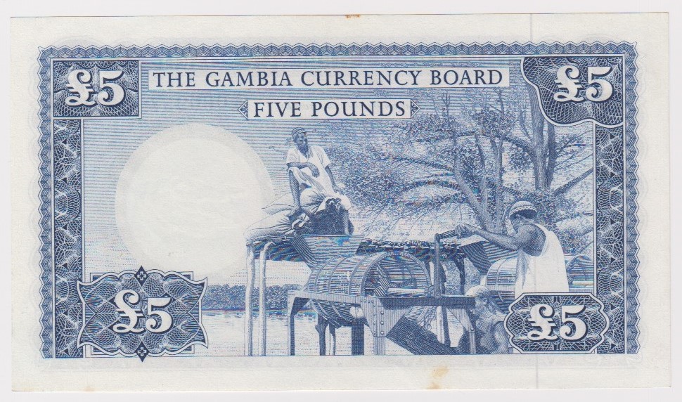 Gambia 5 Pounds issued 1965 - 1970, sailboat at left, serial A060957 (TBB B103a, Pick3a) small light - Image 2 of 2