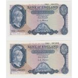 O'Brien 5 Pounds (2), Lion & Key design, one issued 1957 LAST SERIES E02 295265 (B277, Pick371a) the