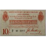 Bradbury 10 Shillings issued 1915, 5 digit serial number G/3 41077, (T12.1, Pick348a) GF with a